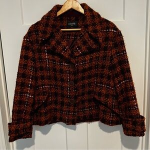 Chepe Italy Wool Cotton Blend Tweed Orange Burgundy Plaid Jacket Lined Size M